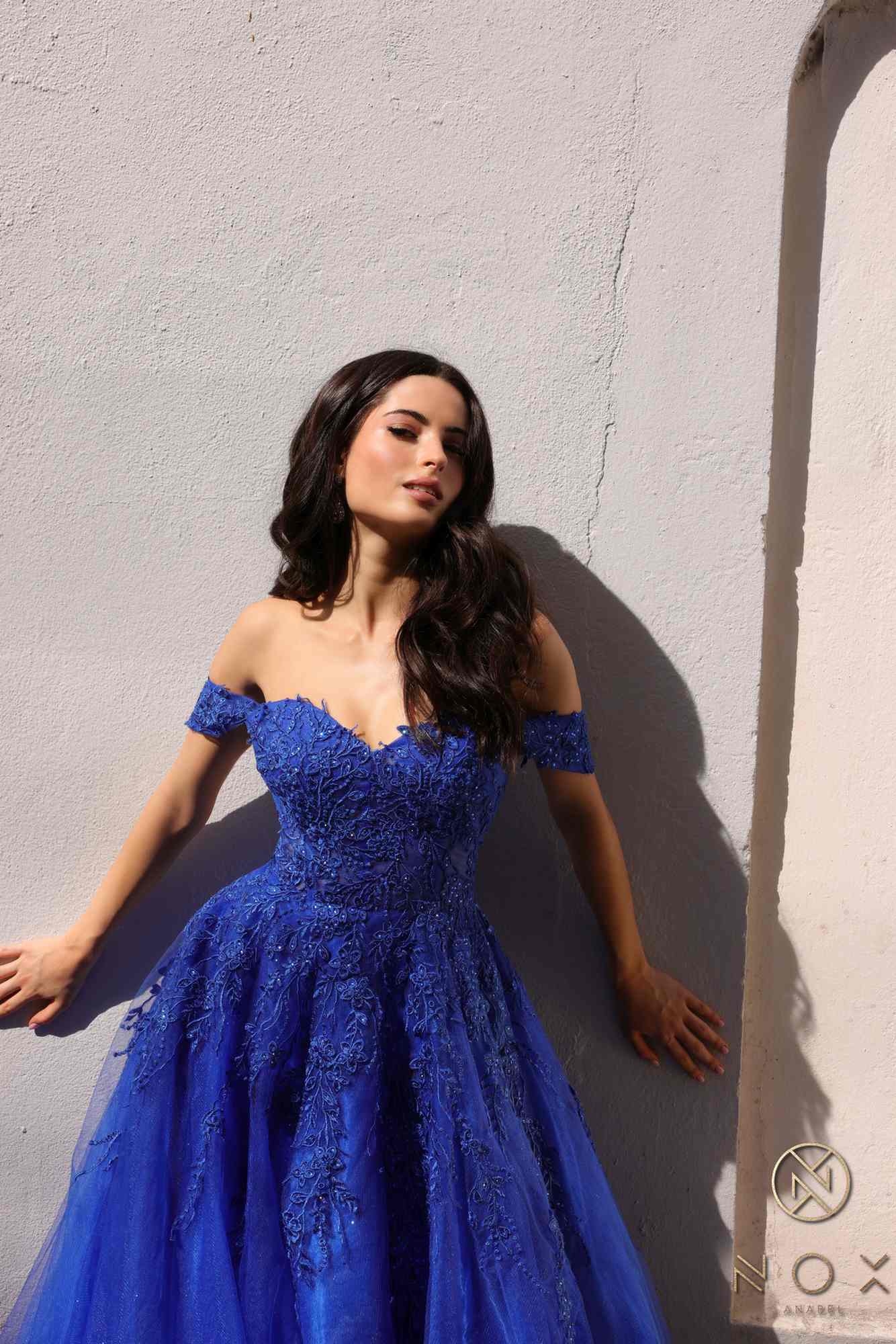Long off-shoulder sweetheart tulle A-line gown in royal blue, front close-up
