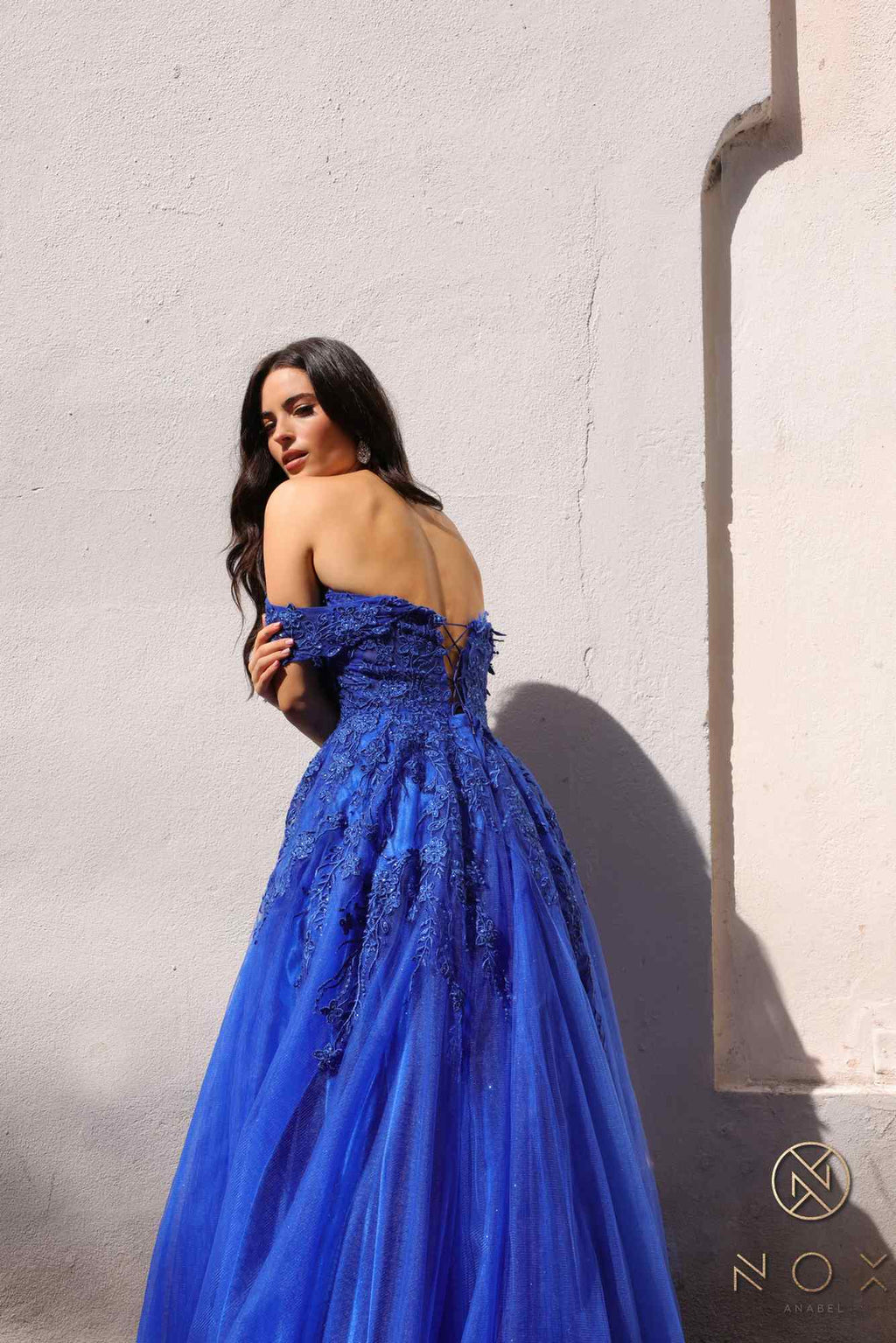 Long off-shoulder sweetheart tulle A-line gown in royal blue, side view