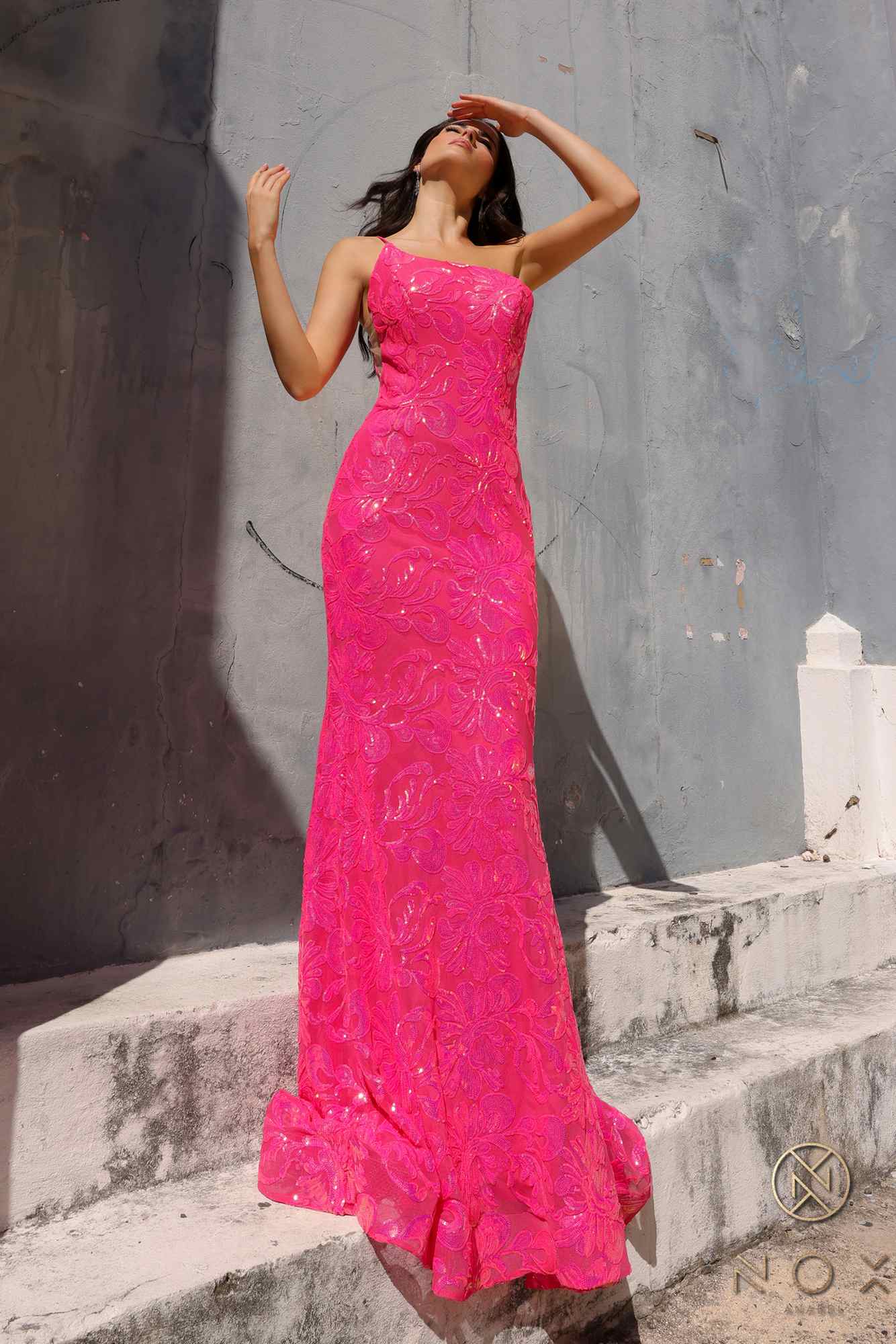 Fuchsia one-shoulder sequin floral mermaid gown with fitted hips and flared hem