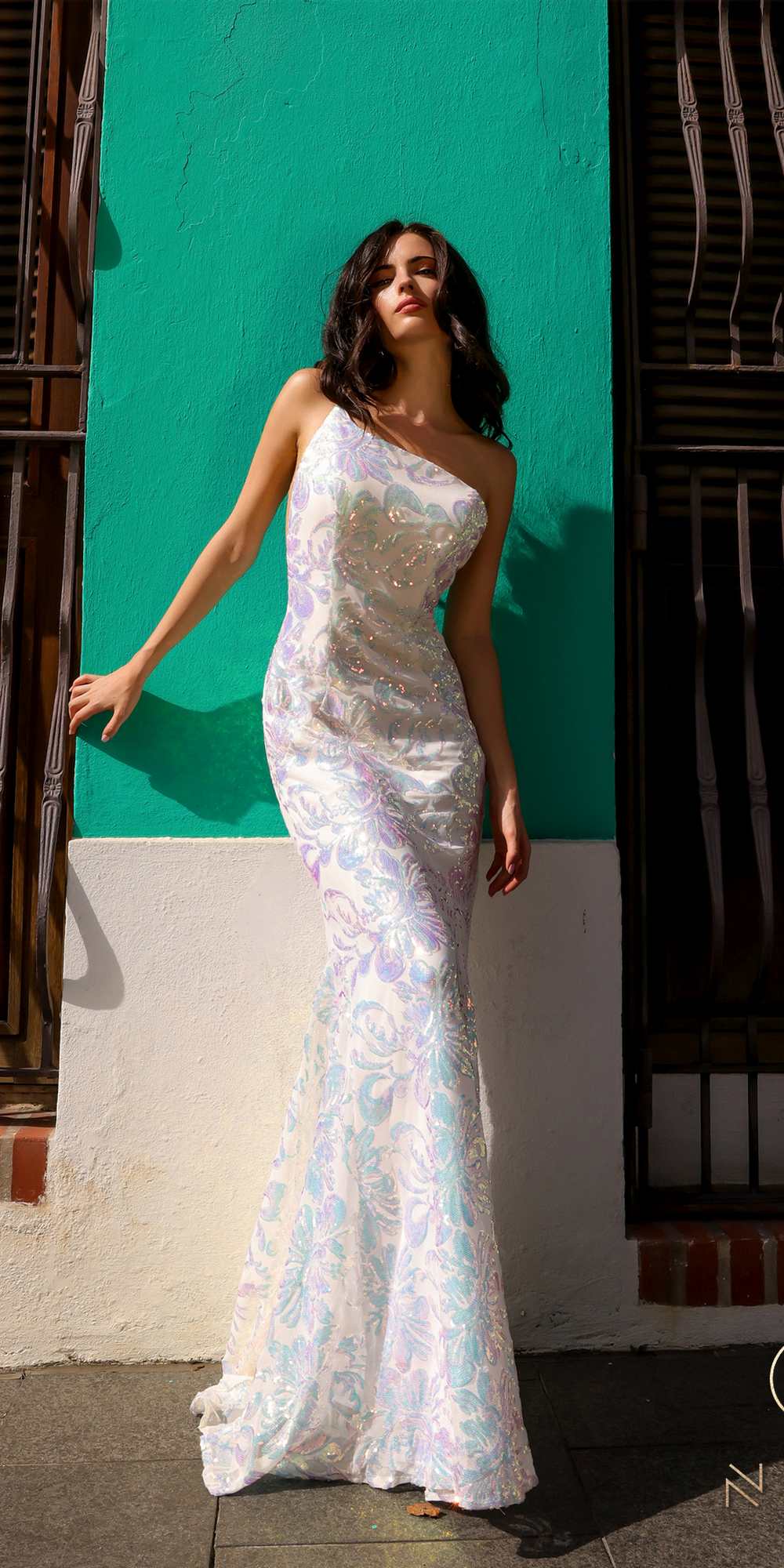 White multi sequin floral one-shoulder mermaid gown with fitted silhouette and flared hem