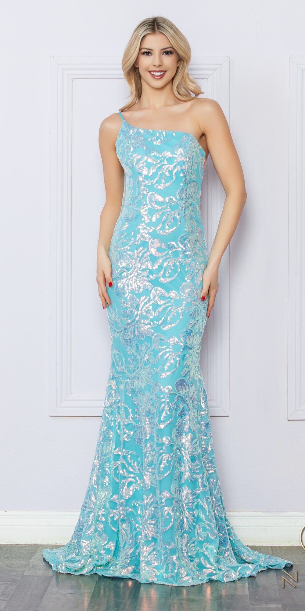 Aqua blue sequin floral one-shoulder mermaid gown with fitted silhouette and flared hem