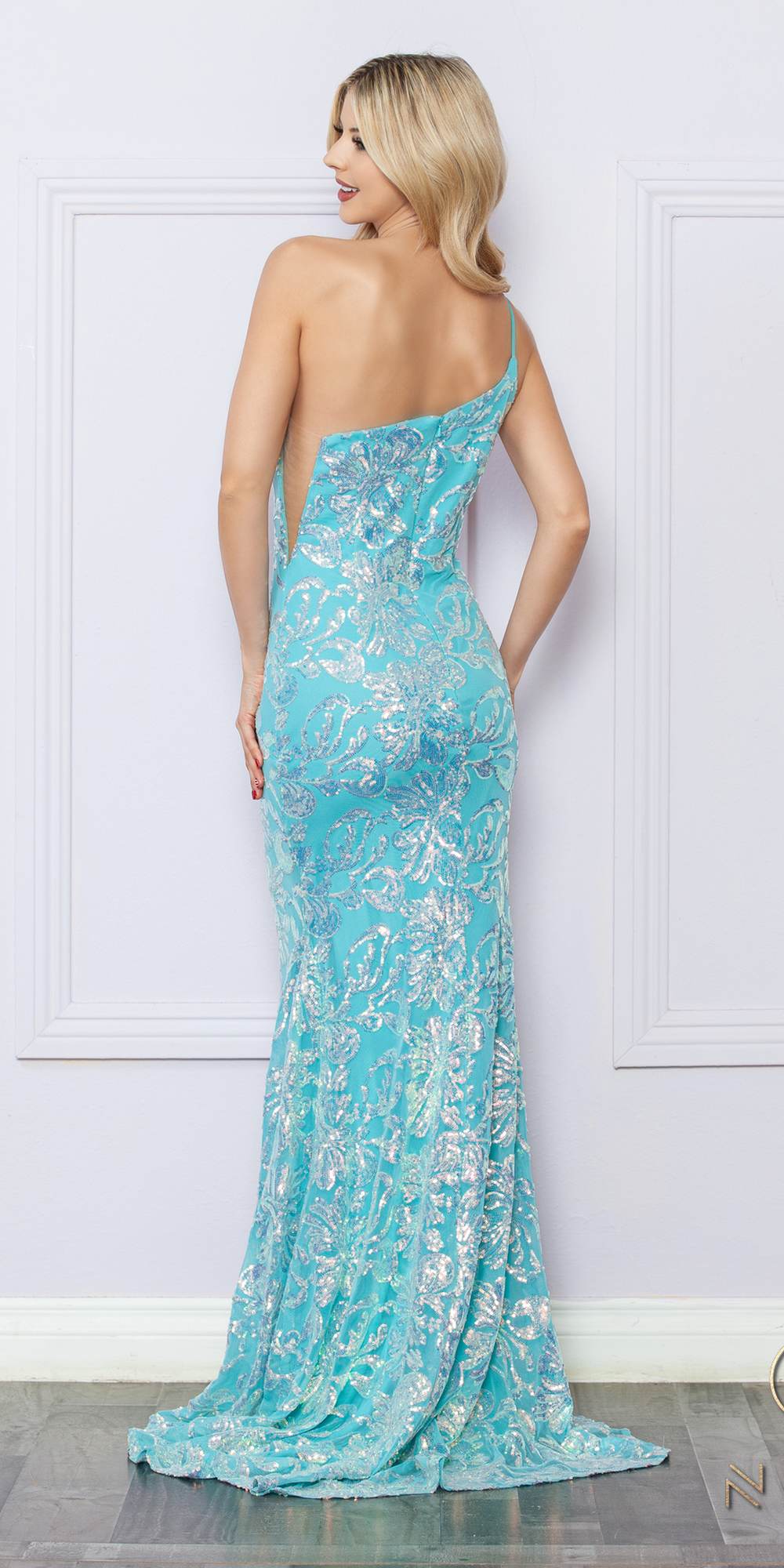 Aqua blue one-shoulder sequin floral mermaid gown with open back and flared hem
