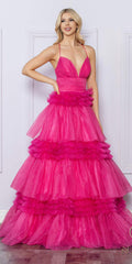 Fuchsia glitter tiered A-line gown with V-neck bodice, sleeveless, ruffled tiers