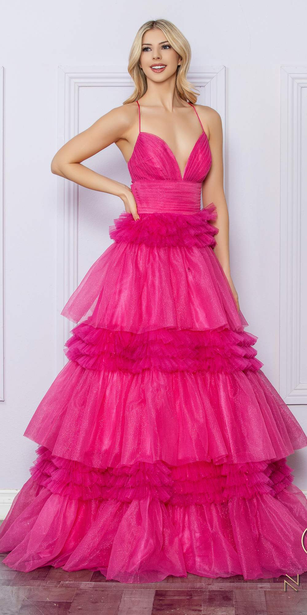 Fuchsia glitter tiered A-line gown with V-neck bodice, sleeveless, ruffled tiers
