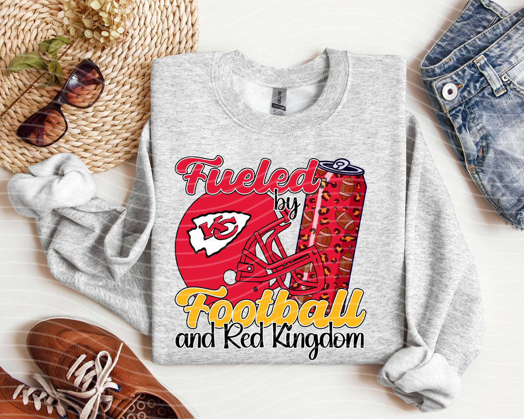 Heather gray long-sleeve graphic tee with red football helmet and 'Fueled by' text