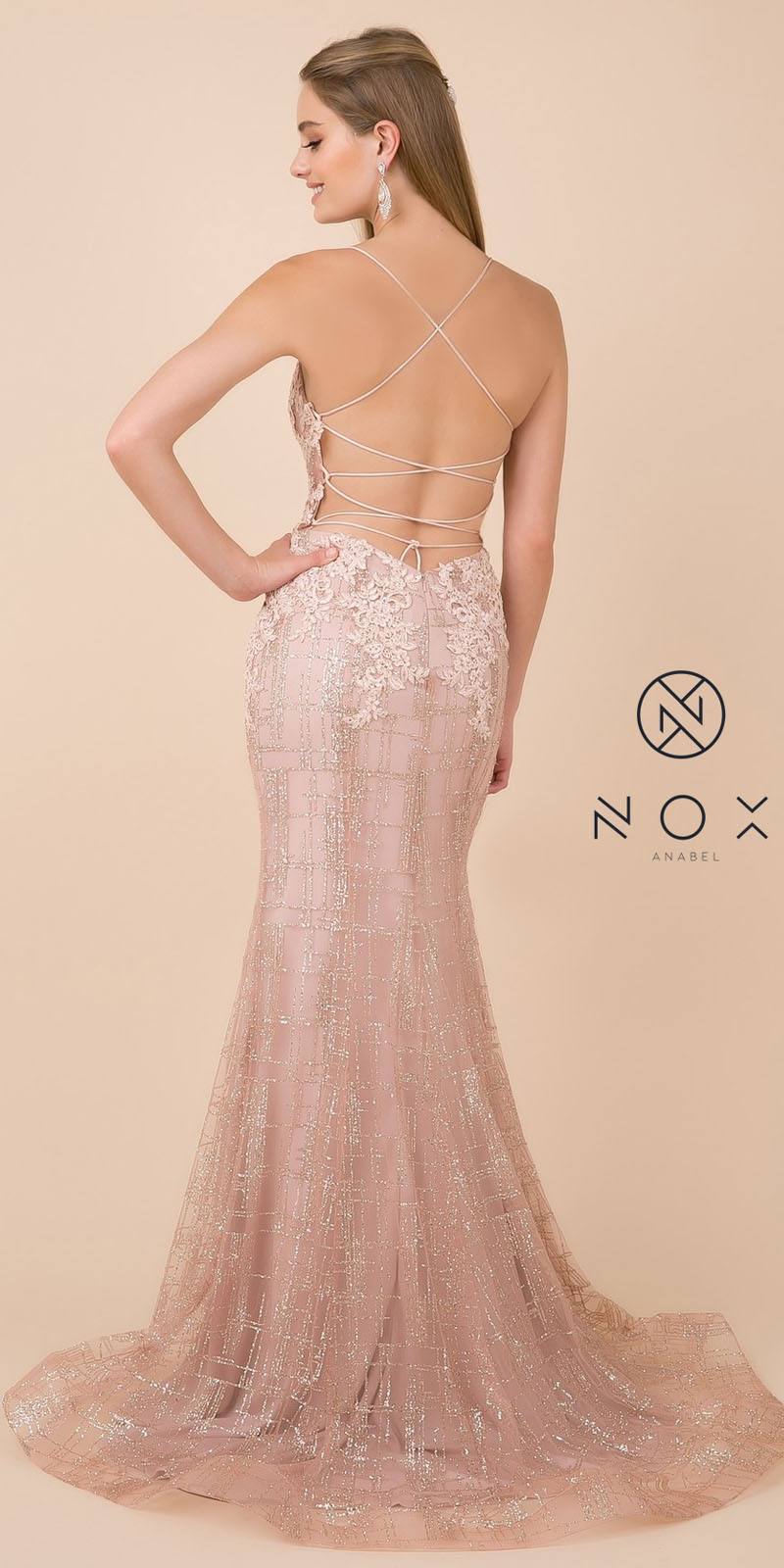 Rose sequin mermaid long dress with corset open-back and crisscross straps