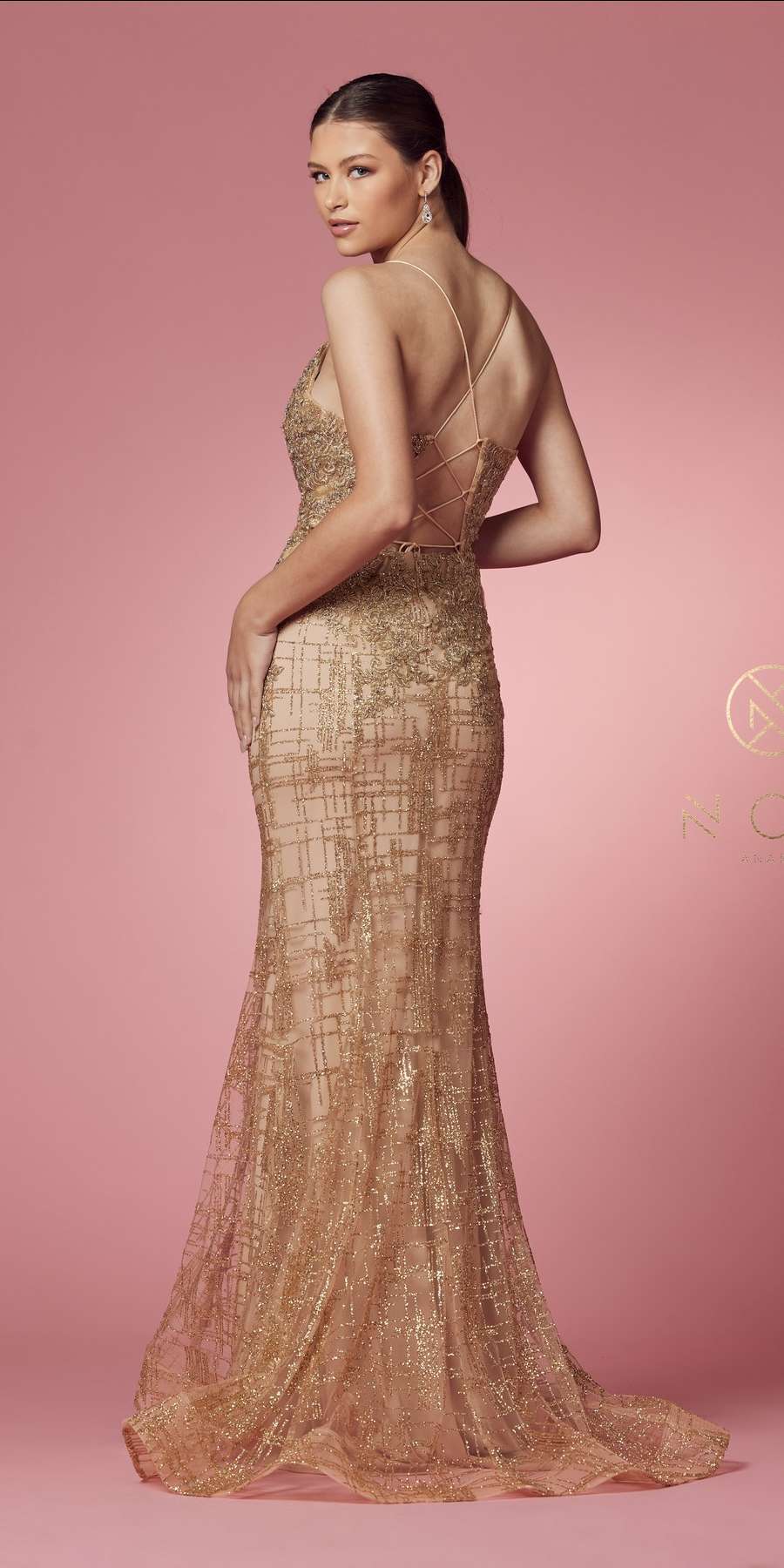 Gold mermaid long dress viewed from back with open-back corset lace detail
