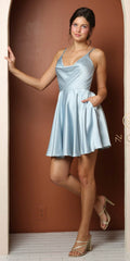 Dusty blue cowl-neck fit-and-flare short dress with thin straps and pleated skirt