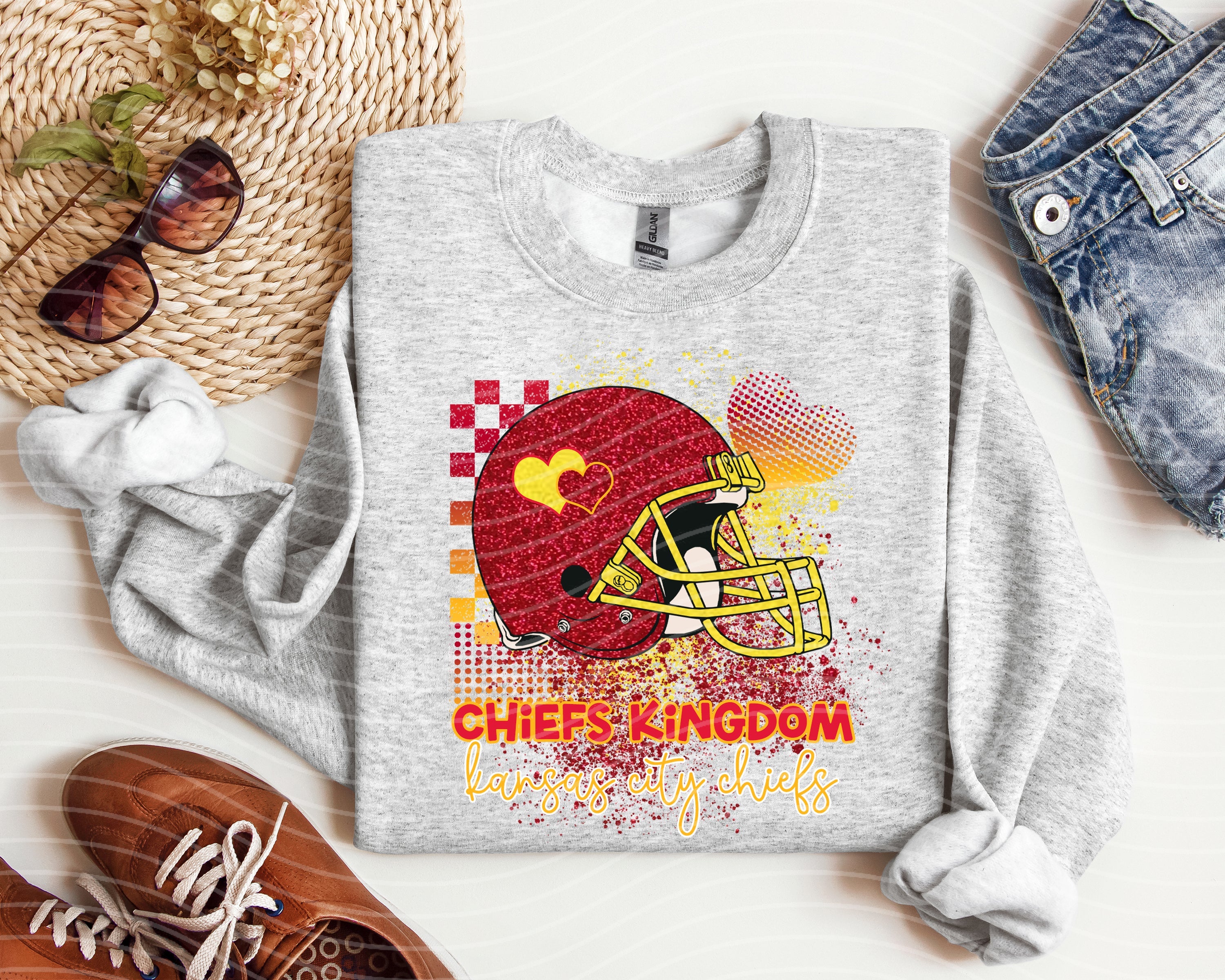 Heather gray graphic T-shirt with football helmet heart and colorful slogan-style print