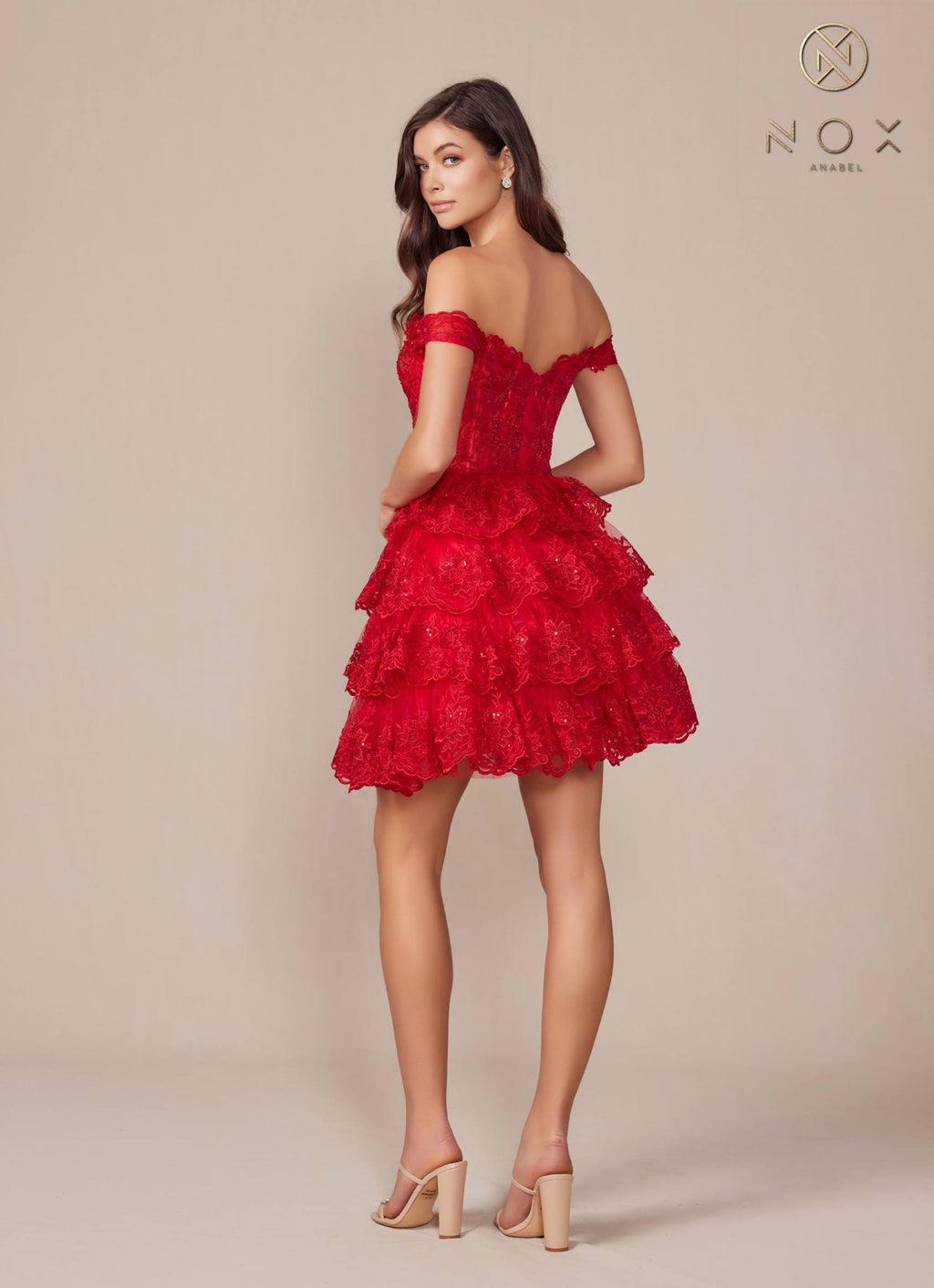 Red off-shoulder lace tiered mini dress with ruffled tiers and sweetheart neckline
