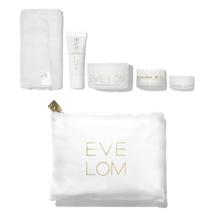 Eve Lom radiant ritual skincare set with white washcloth, pouch, and cream jars