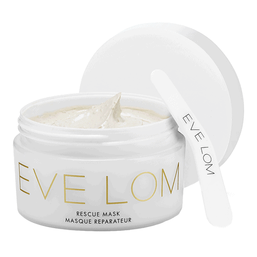 eve lom RESCUE MASK jar with pale cream and white spatula