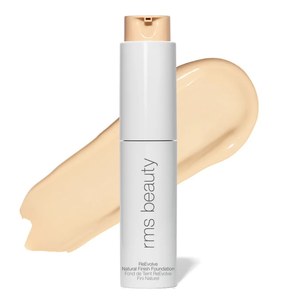 RMS Beauty ReEvolve natural finish foundation bottle with light beige swatch