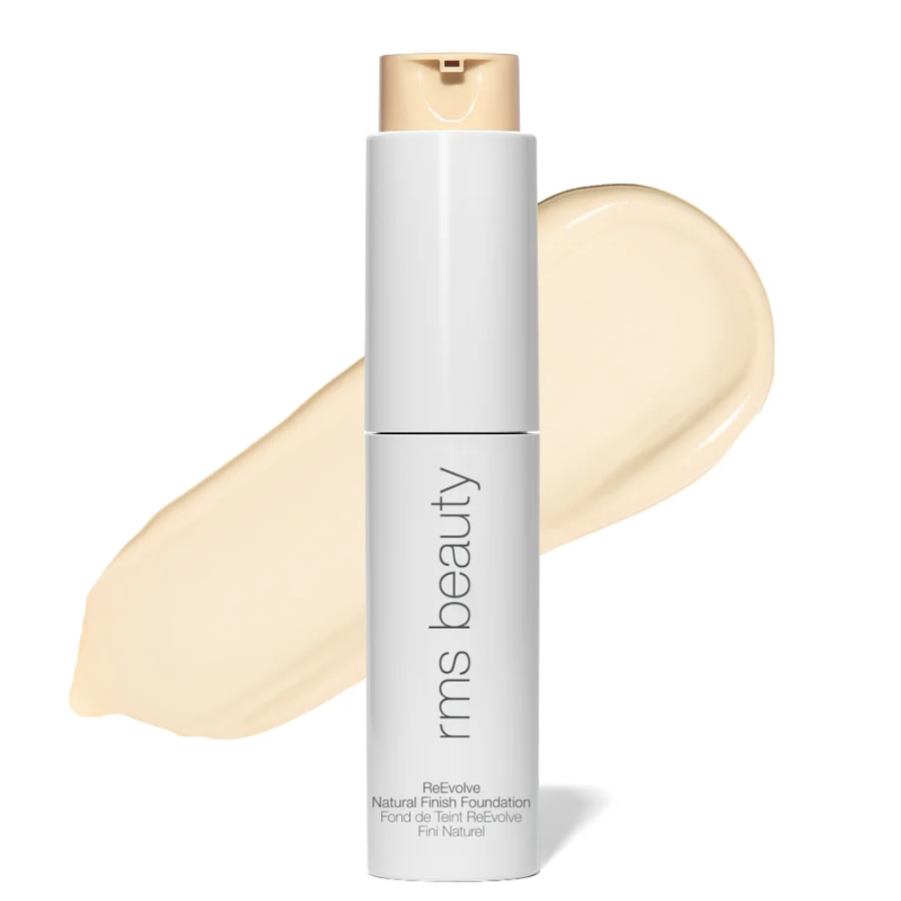 RMS Beauty ReEvolve natural finish foundation bottle with pale beige swatch