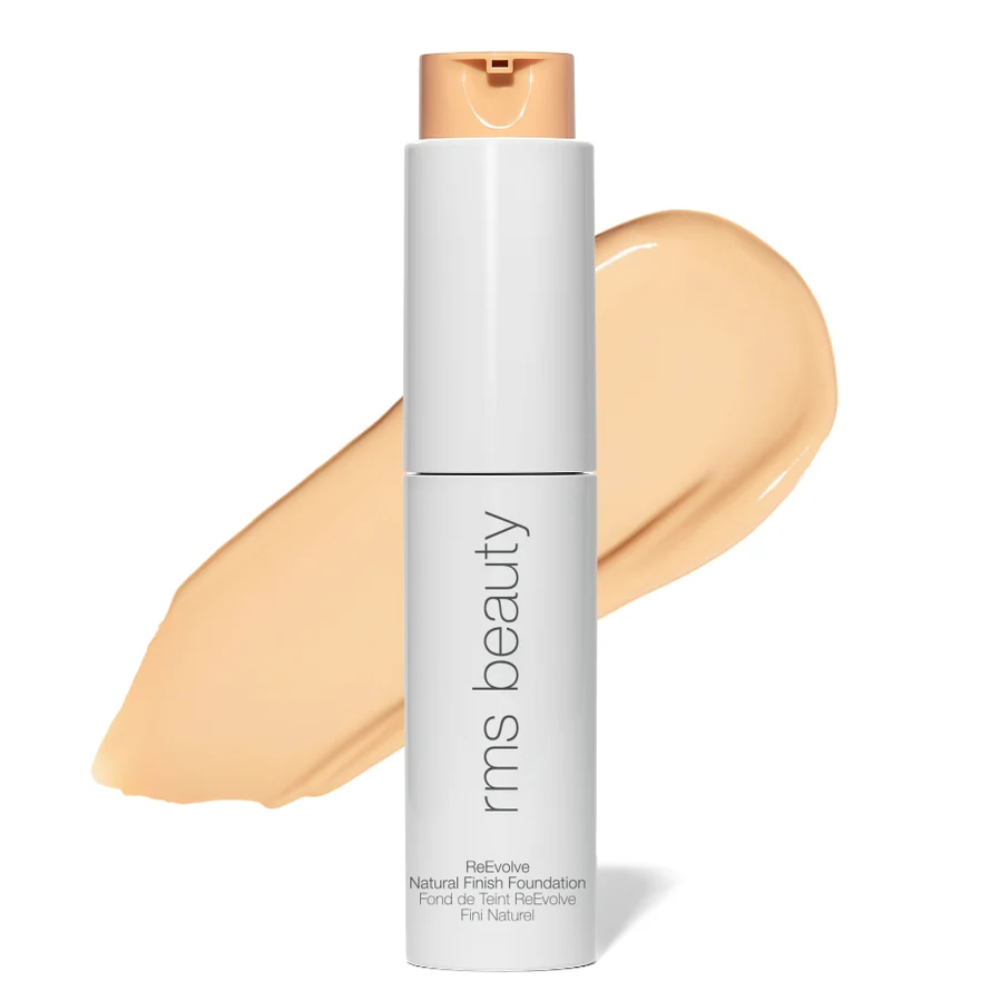 RMS Beauty ReEvolve natural finish foundation bottle with warm beige swatch