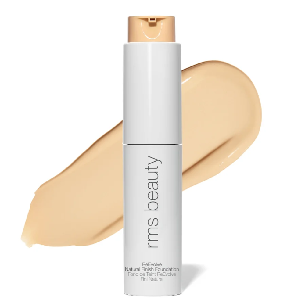 RMS Beauty ReEvolve natural finish foundation bottle with beige swatch