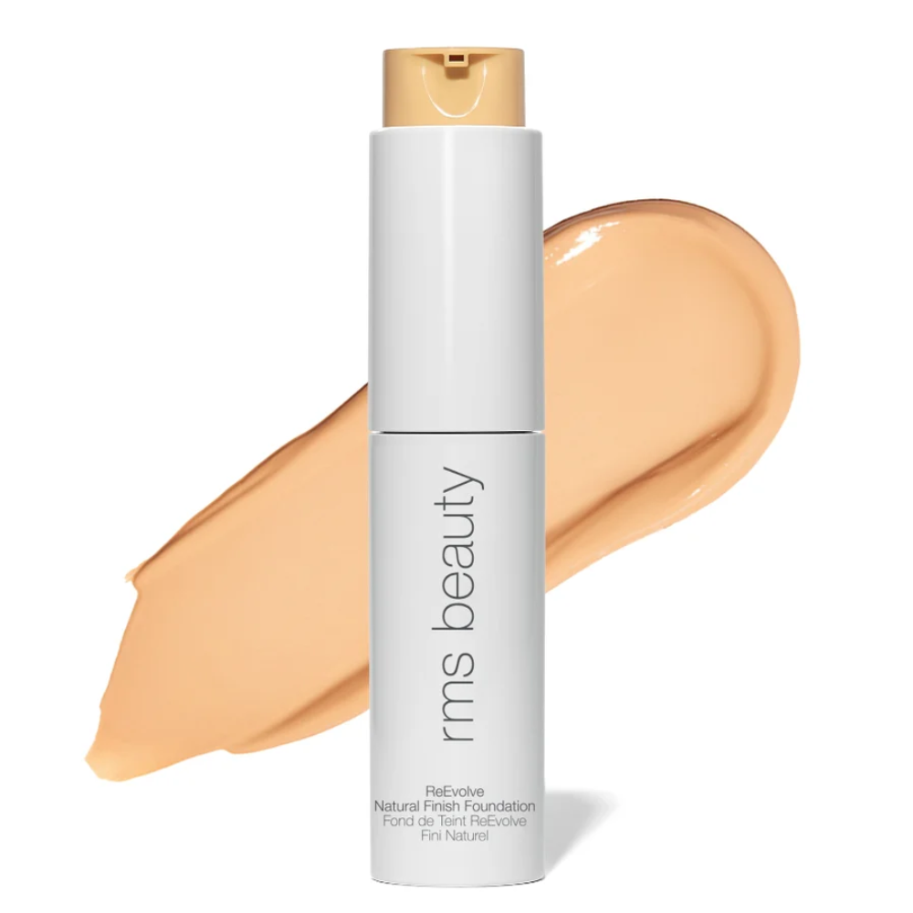 RMS Beauty ReEvolve natural finish foundation bottle with caramel beige swatch