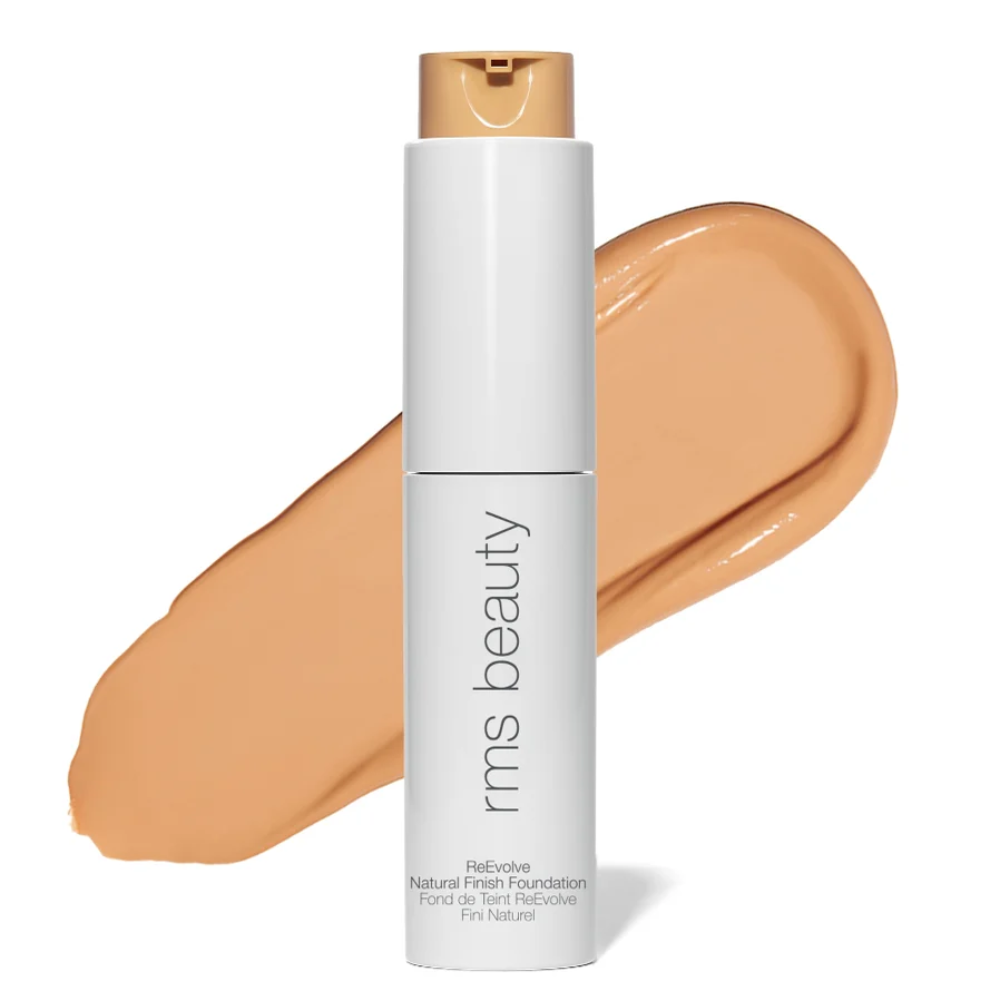 RMS Beauty ReEvolve natural finish foundation bottle with tan beige swatch