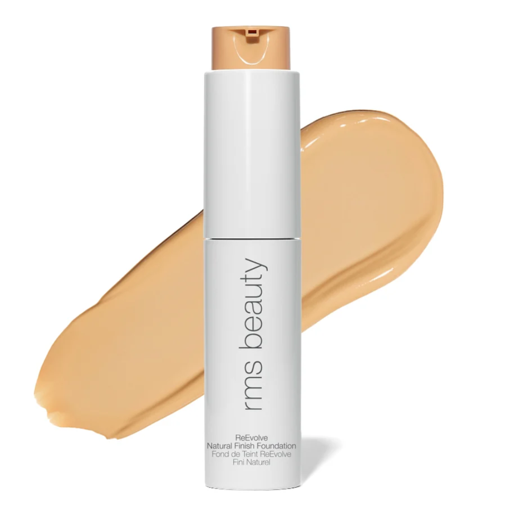 RMS Beauty ReEvolve natural finish foundation bottle with golden tan swatch