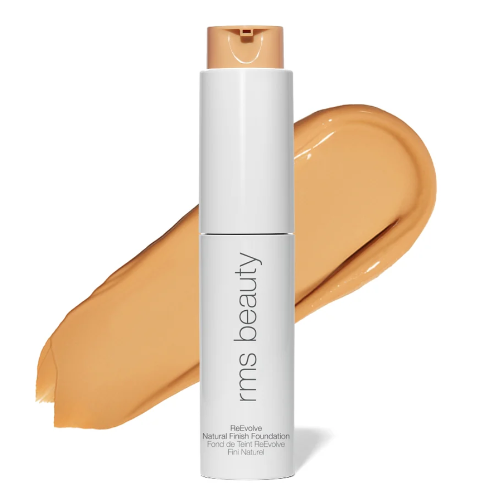 RMS Beauty ReEvolve natural finish foundation bottle with deep tan beige swatch