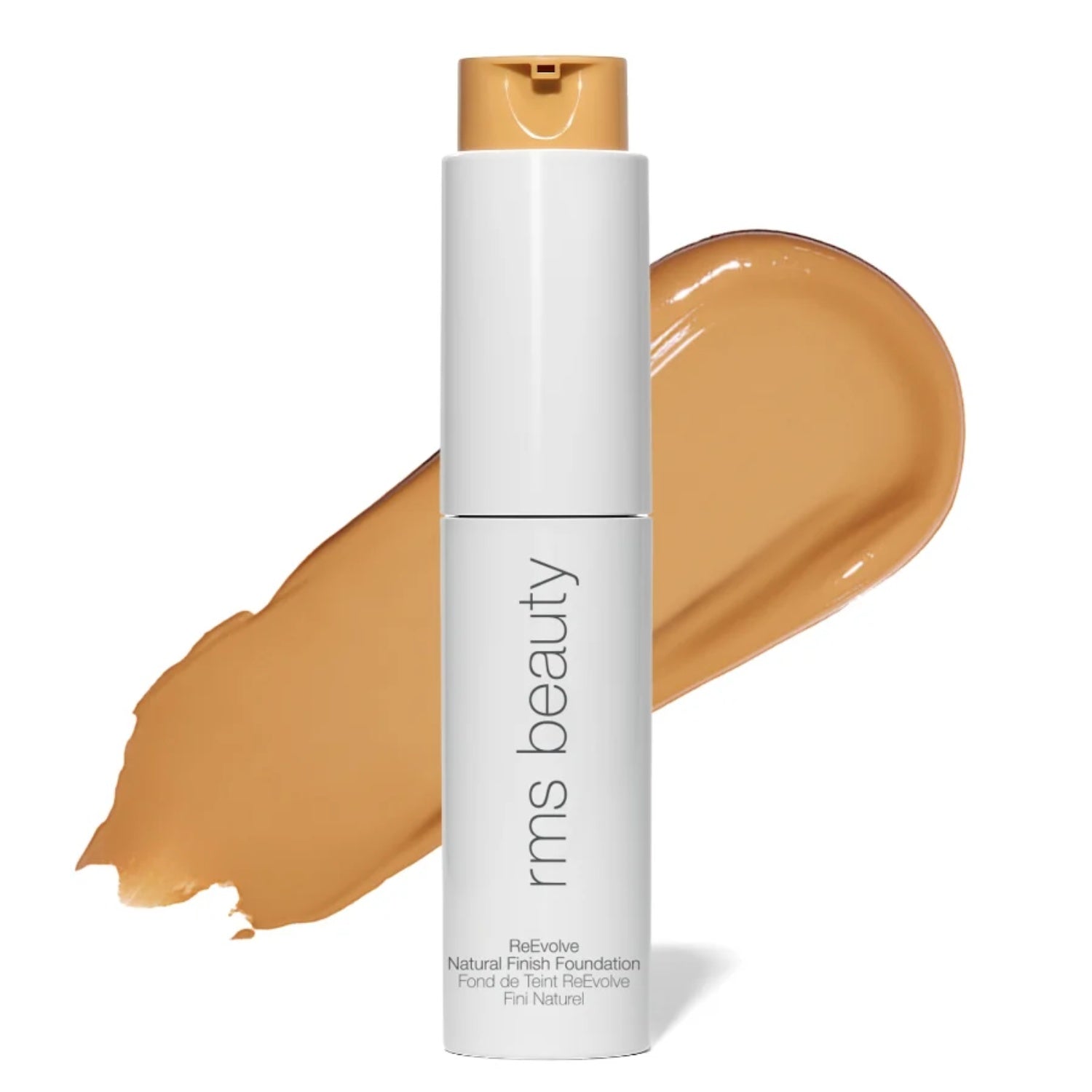 RMS Beauty ReEvolve natural finish foundation bottle with warm deep beige swatch