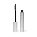 Volumizing mascara wand and bottle, black spoolie brush with silver-gray tube