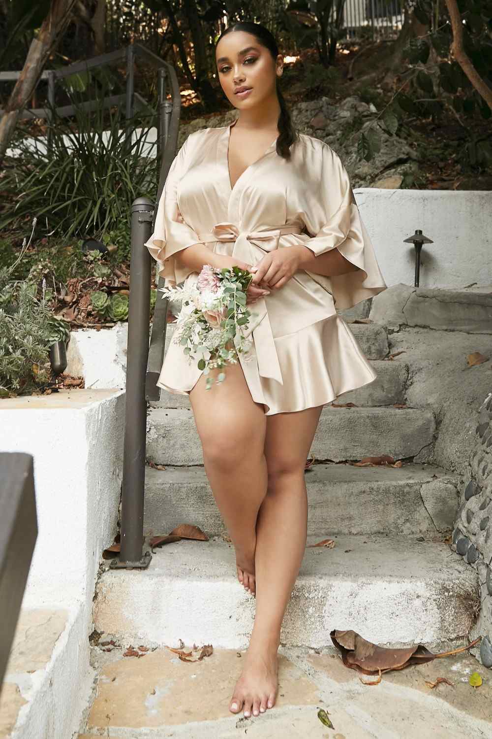 Cream satin kimono robe with V-neck, tie waist, flutter sleeves, layered short hem