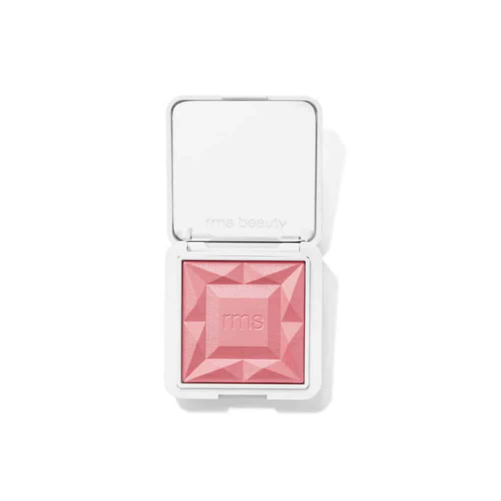RMS Beauty hydra powder blush compact, open, bright pink-red pan with geometric pattern