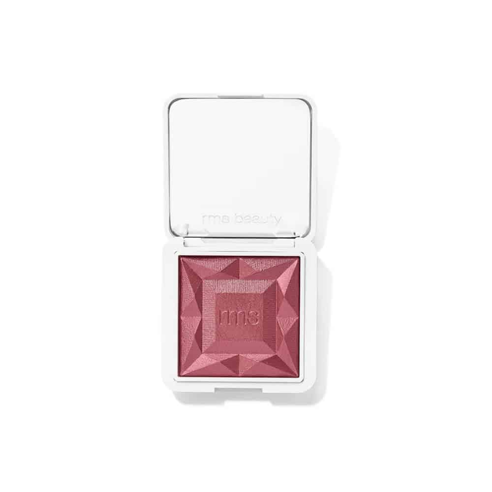 RMS Beauty hydra powder blush compact, open, berry pink pan with geometric pattern