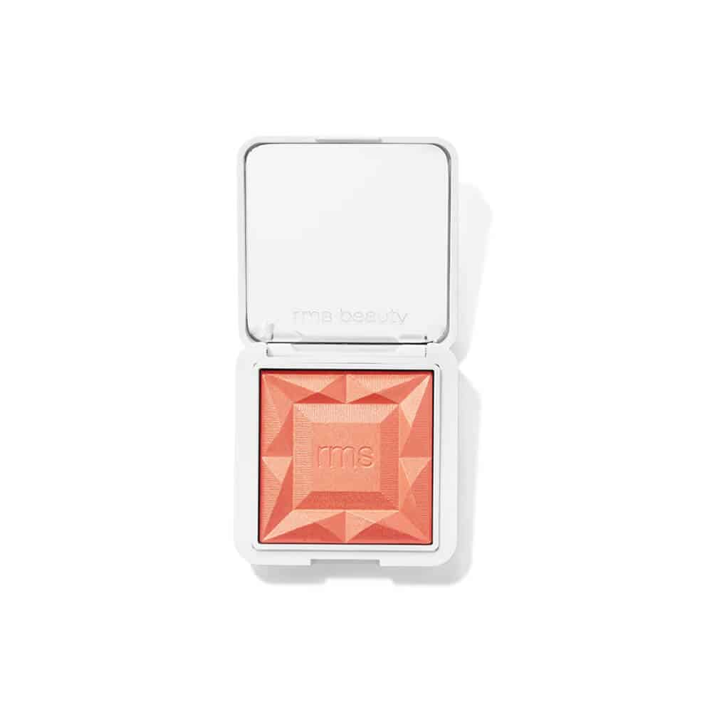 RMS Beauty hydra powder blush compact, open, light coral pan with geometric pattern