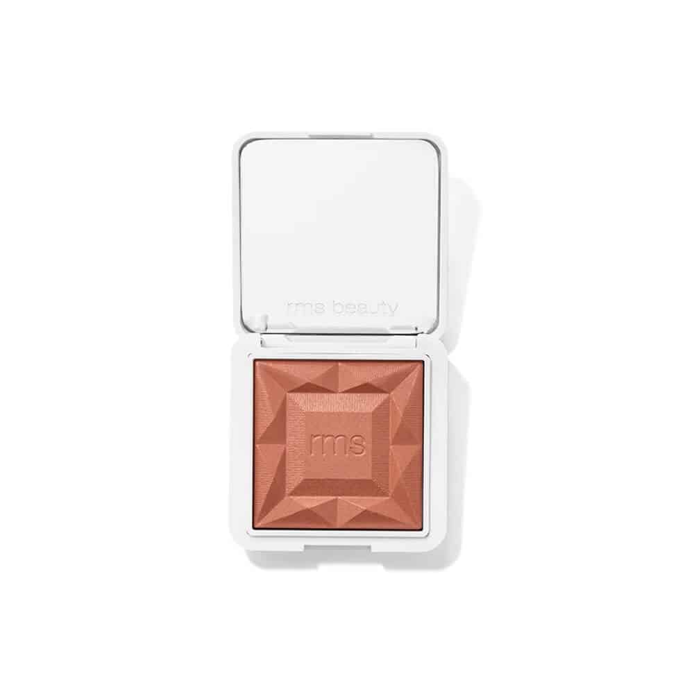 RMS Beauty hydra powder blush compact, open, copper-brown pan with geometric pattern