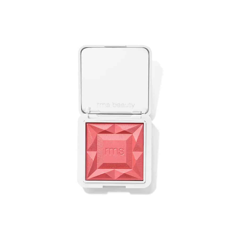 RMS Beauty hydra powder blush compact, open, bright rose pink pan with geometric pattern