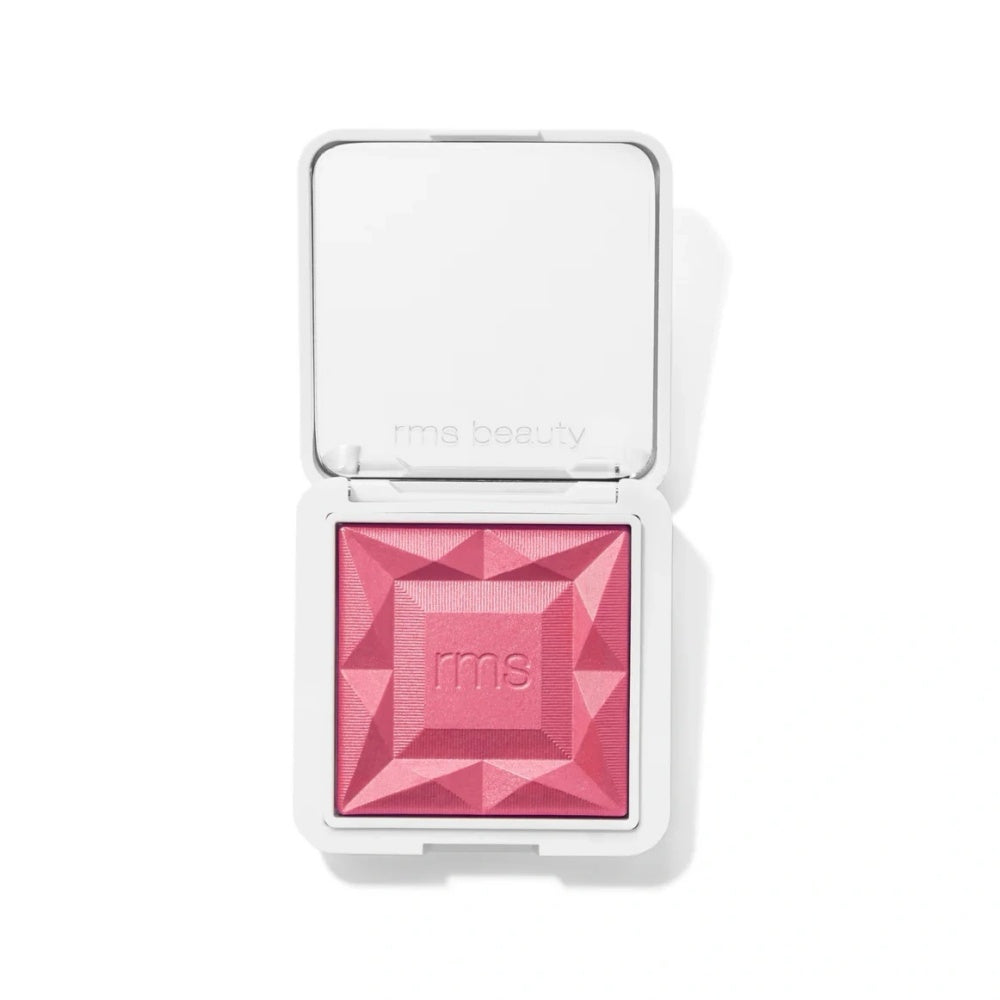 RMS Beauty hydra powder blush compact, open, vivid fuchsia-pink pan with geometric pattern