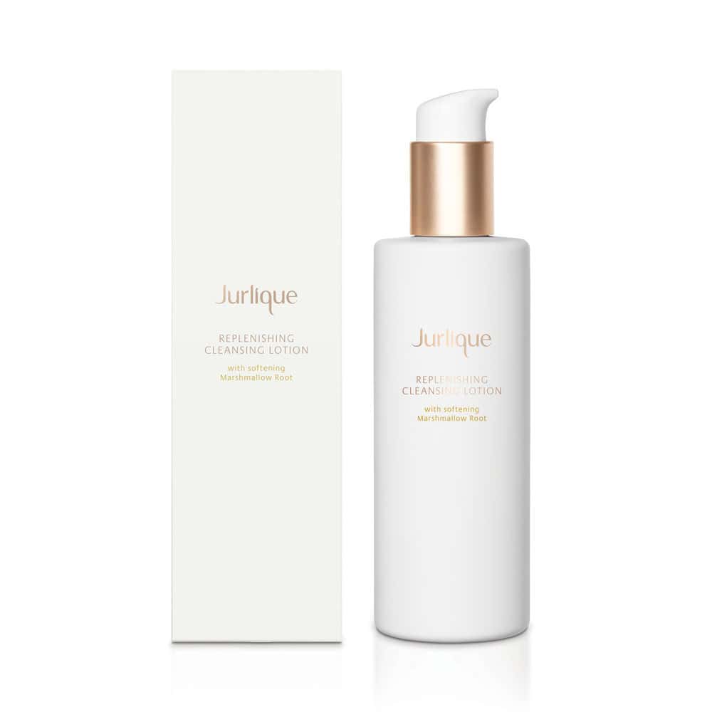 JURLIQUE replenishing cleansing lotion: white bottle with gold pump, boxed