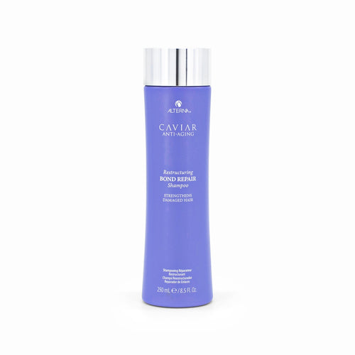 Blue shampoo bottle with silver cap, caviar antiaging restructuring bond repair