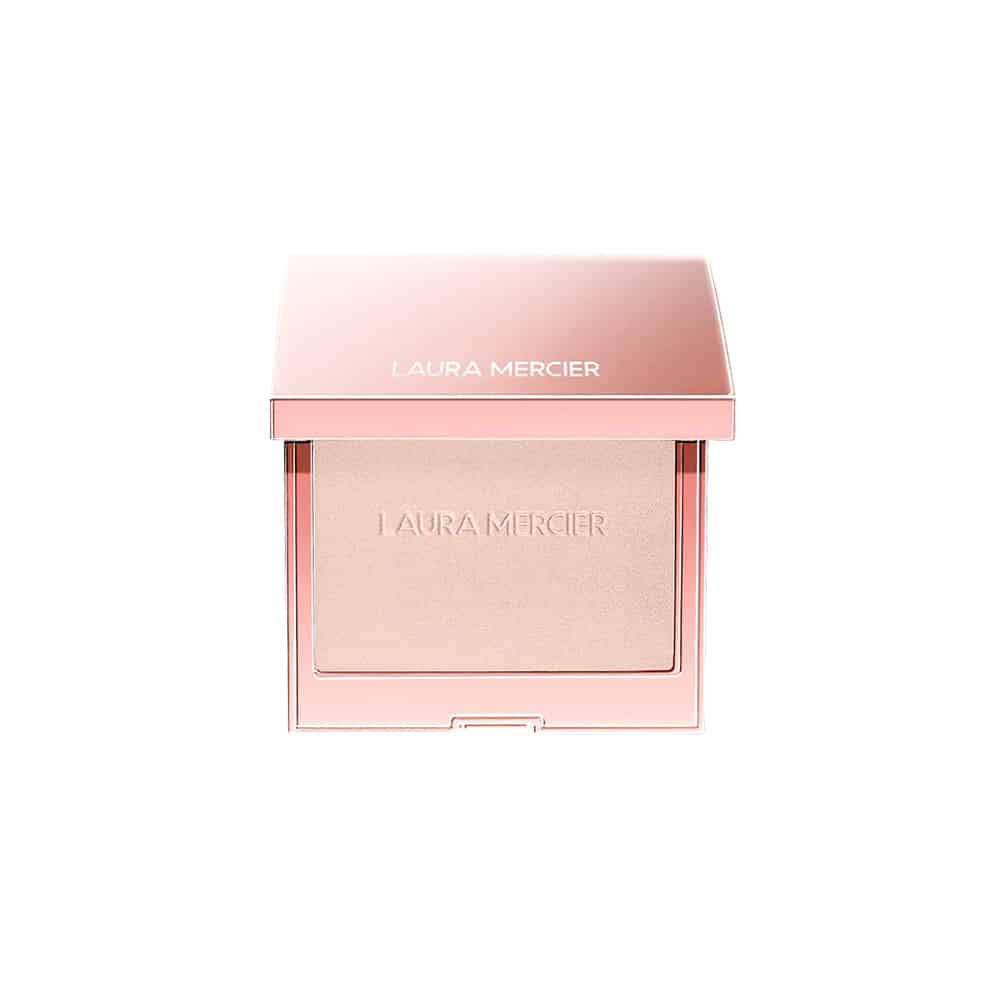 Highlighting powder compact in pink with square pan window and brand logo.