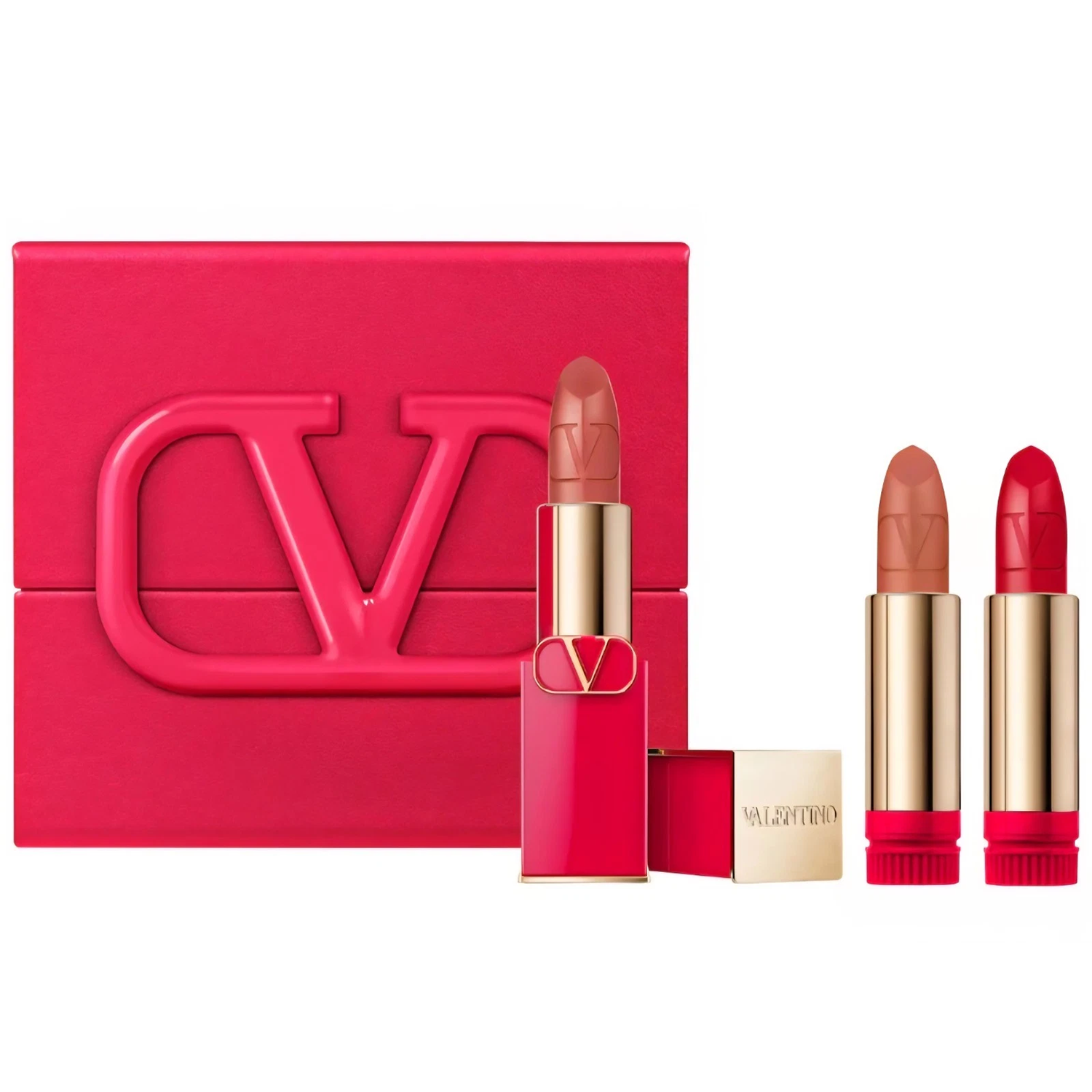 Red lipstick set box with large V logo and gold-capped lipsticks, two tubes shown