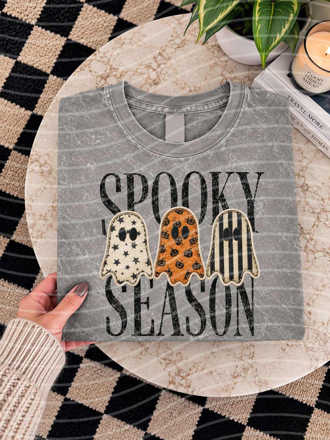 Gray graphic tee with three ghost prints and 'Spooky Season' lettering.