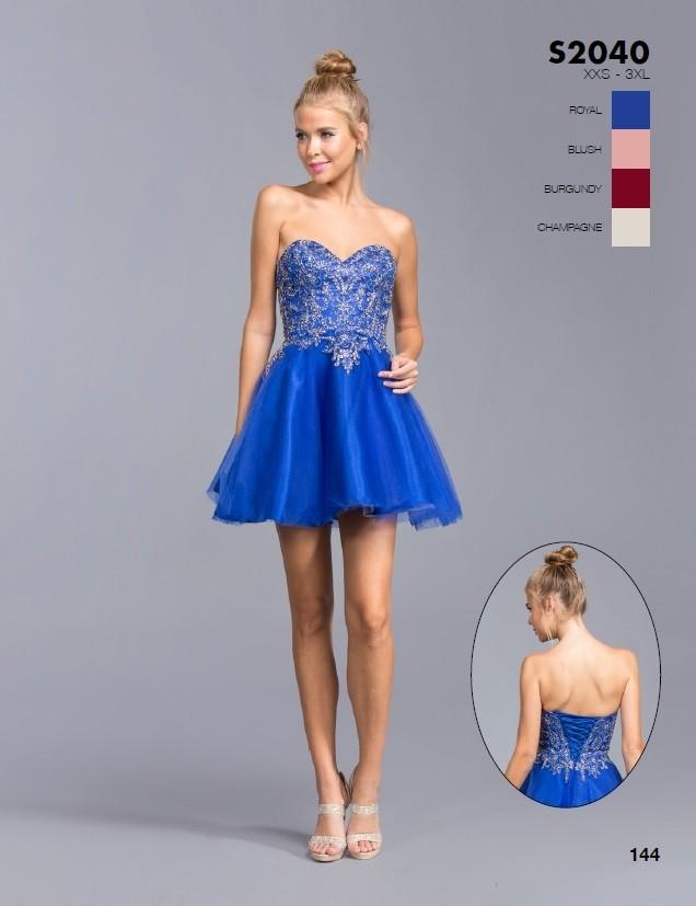 Blue strapless sweetheart short dress with sparkling silver beaded embroidery and tulle skirt.