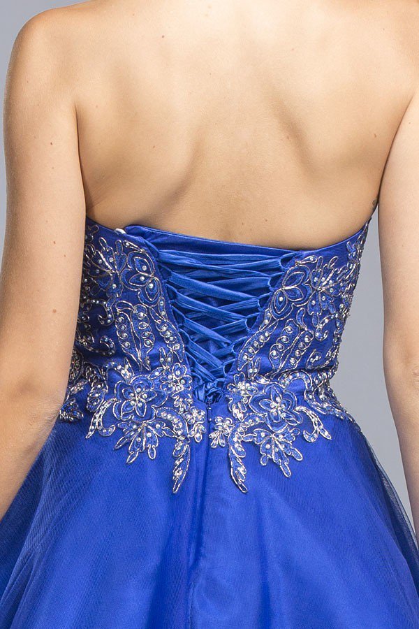 Blue strapless bodice with crisscross ruched fabric and silver beaded floral embroidery.