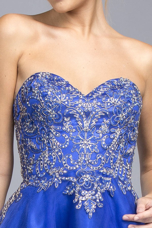 Blue strapless sweetheart bodice with silver beaded floral scroll embroidery.
