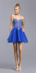 Blue strapless sweetheart short dress with silver beaded embroidery and layered tulle skirt.