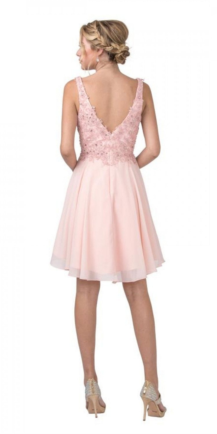 Blush pink embroidered V-back short A-line dress with sleeveless straps