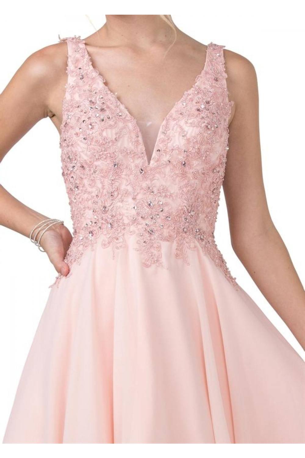 Blush pink embroidered bodice V-neck with sleeveless straps