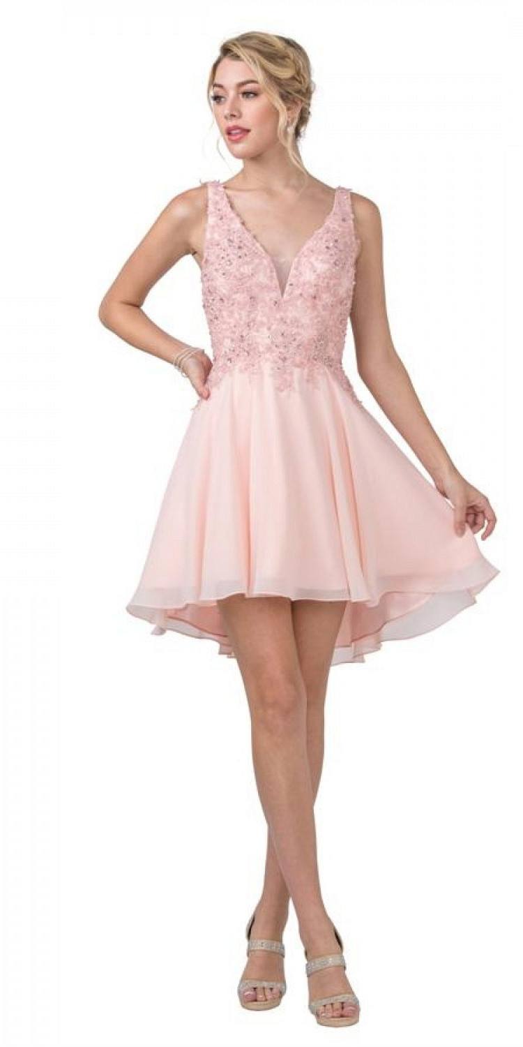Blush pink embroidered V-neck short A-line dress with sleeveless straps