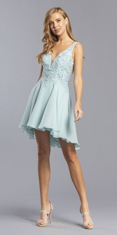 Powder blue embroidered V-neck short A-line dress with sleeveless straps