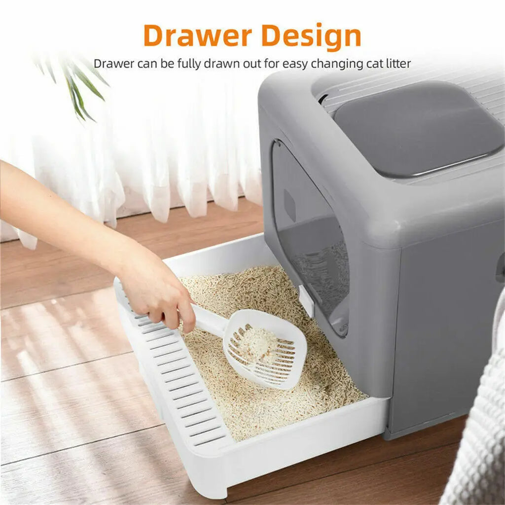 Foldable Enclosed Cat Litter Box with Sifting Tray & Scoop - Top and Front Entry Kitten Toilet