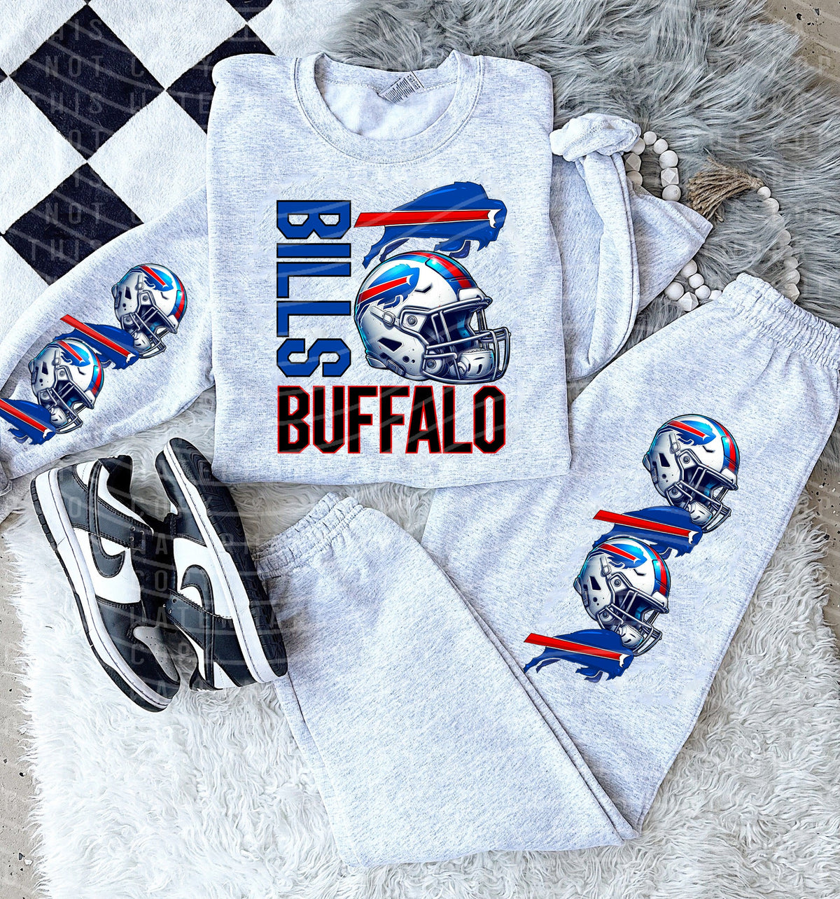 Heather gray graphic tee with 'Bills Buffalo' vertical print and football helmet graphic