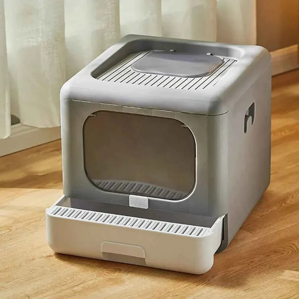 Foldable Enclosed Cat Litter Box with Sifting Tray & Scoop - Top and Front Entry Kitten Toilet
