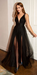 Black plunging V-neck evening dress with spaghetti straps and sheer tiered tulle skirt